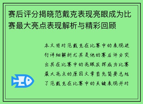 赛后评分揭晓范戴克表现亮眼成为比赛最大亮点表现解析与精彩回顾
